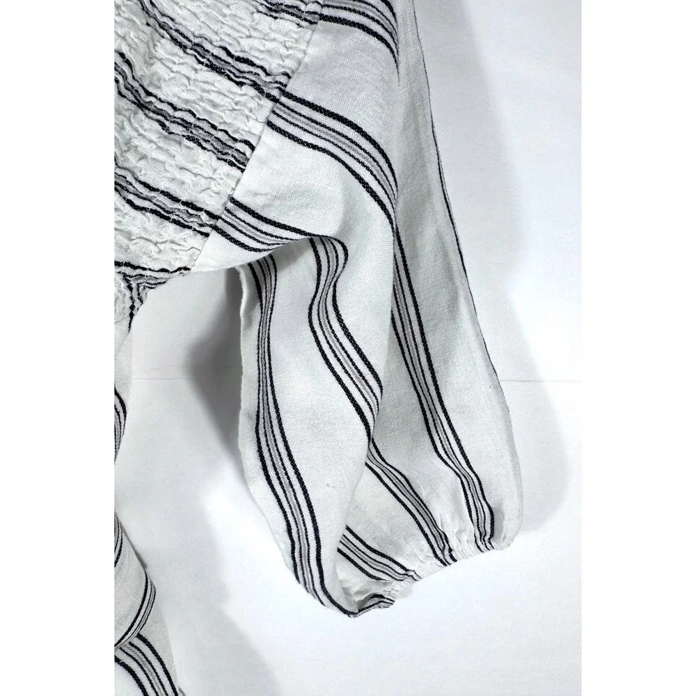 Sugar Lips Striped Linen Smocked Cottagecore Ruffle Mini Dress Approx. Med‎